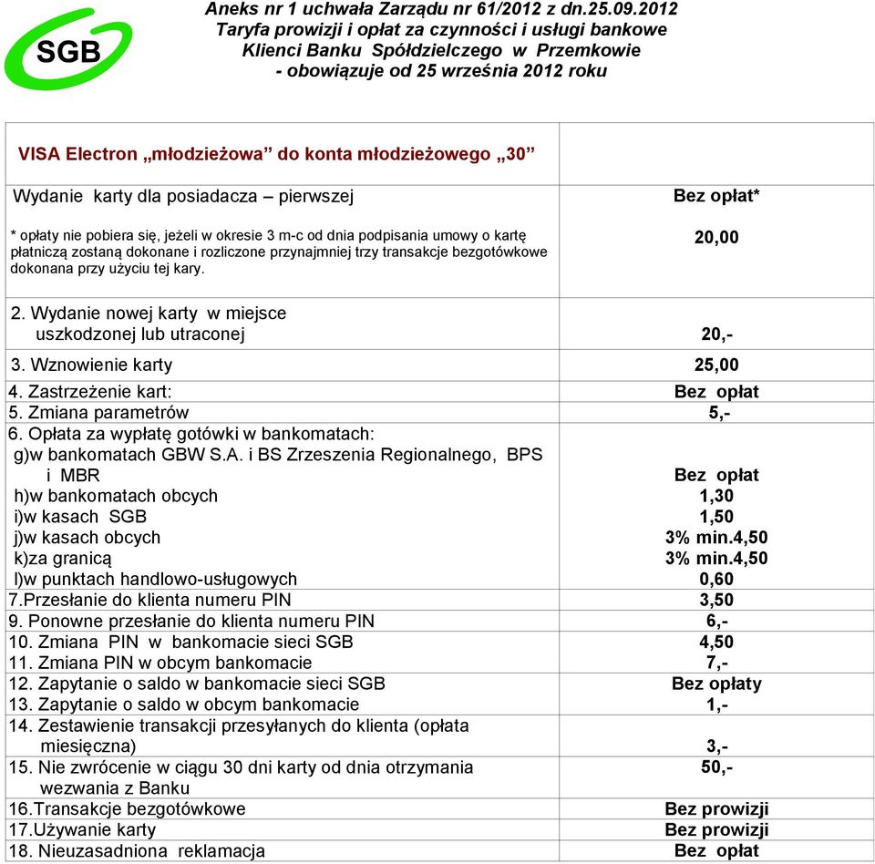 bezgotówkowe dokonana przy użyciu tej kary. * 20,00 uszkodzonej lub utraconej 20,- 3. Wznowienie karty 25,00 4. Zastrzeżenie kart: 5. Zmiana parametrów 5,- 6.