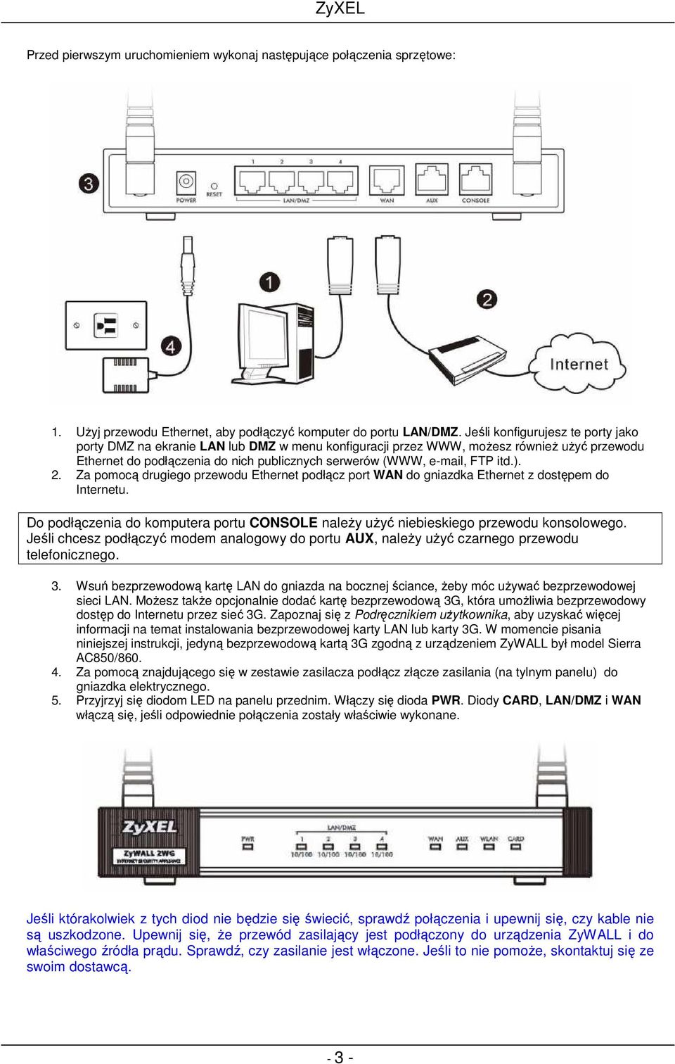 itd.). 2. Za pomocą drugiego przewodu Ethernet podłącz port WAN do gniazdka Ethernet z dostępem do Internetu. Do podłączenia do komputera portu CONSOLE naleŝy uŝyć niebieskiego przewodu konsolowego.