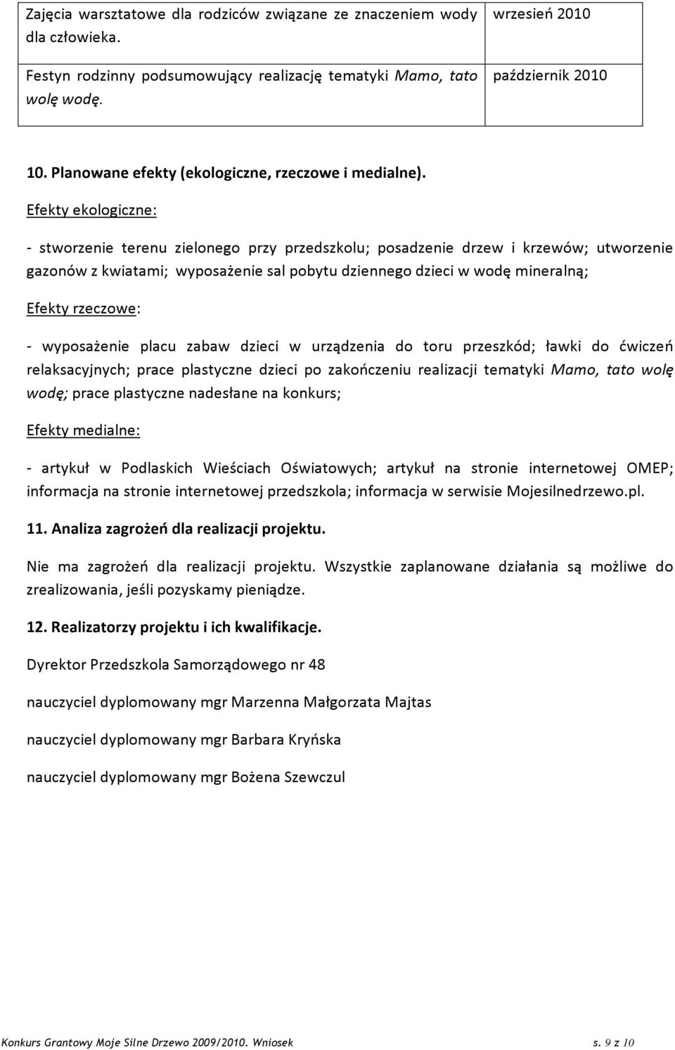 Efekty ekologiczne: - stworzenie terenu zielonego przy przedszkolu; posadzenie drzew i krzewów; utworzenie gazonów z kwiatami; wyposażenie sal pobytu dziennego dzieci w wodę mineralną; Efekty