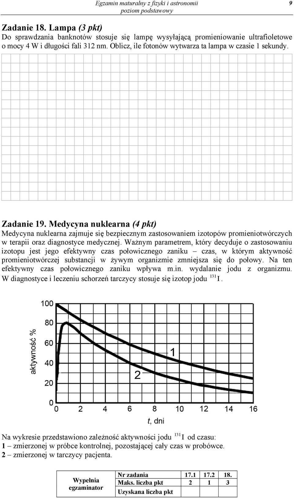 Medycyna nuklearna (4 pkt) Medycyna nuklearna zajmuje się bezpiecznym zastosowaniem izotopów promieniotwórczych w terapii oraz diagnostyce medycznej.