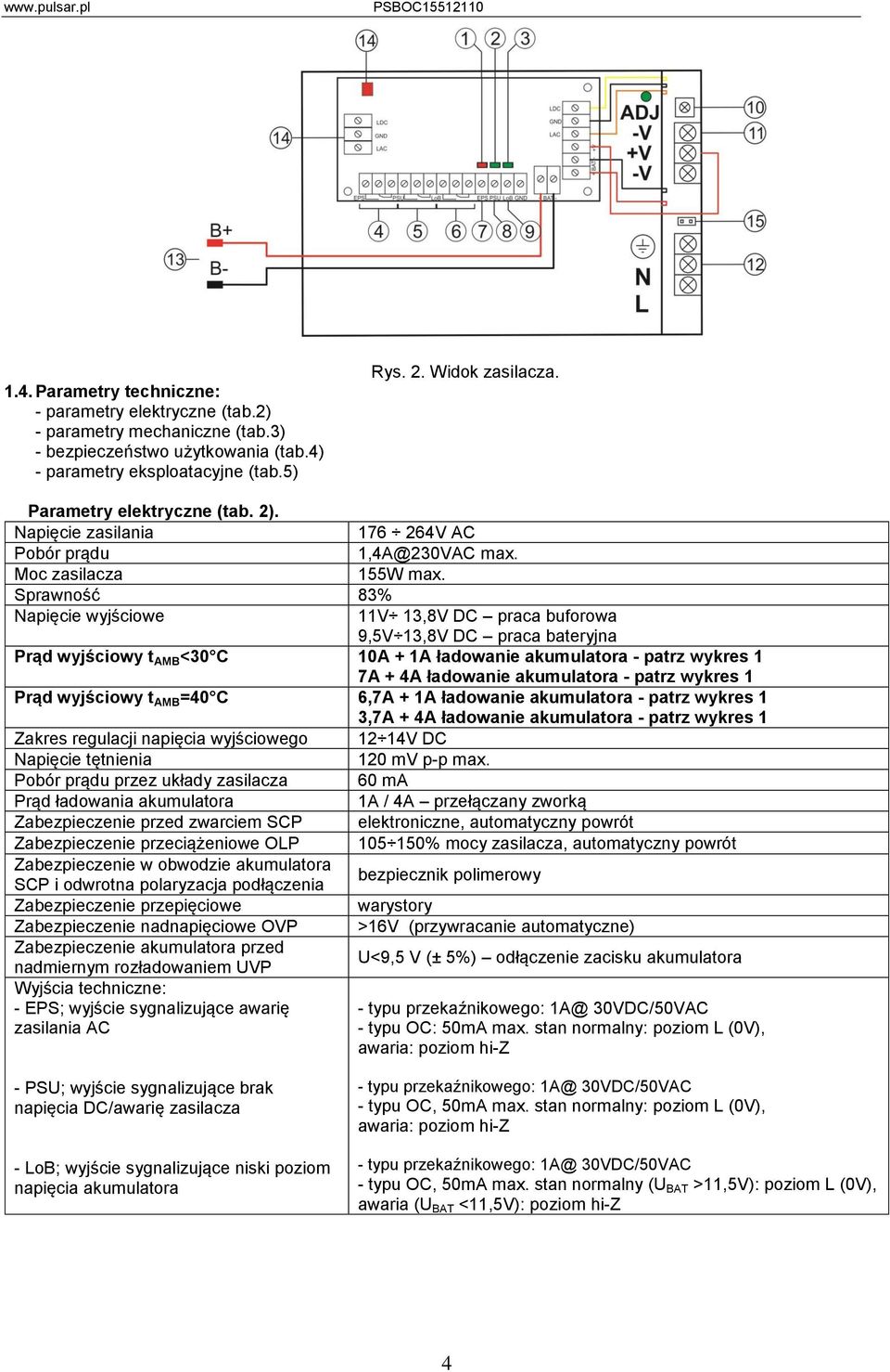 Sprawność 83% Napięcie wyjściowe 11V 13,8V DC praca buforowa 9,5V 13,8V DC praca bateryjna Prąd wyjściowy t AMB <30 C 10A + 1A ładowanie akumulatora - patrz wykres 1 7A + 4A ładowanie akumulatora -