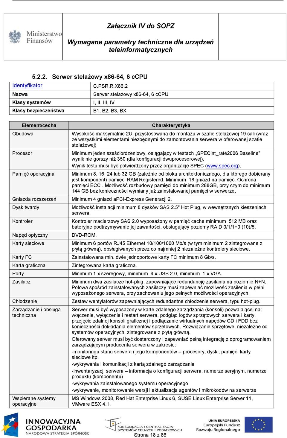 zamontowania serwera w oferowanej szafie stelażowej) Minimum jeden sześciordzeniowy, osiągający w testach SPECint_rate2006 Baseline wynik nie gorszy niż 350 (dla konfiguracji dwuprocesorowej).