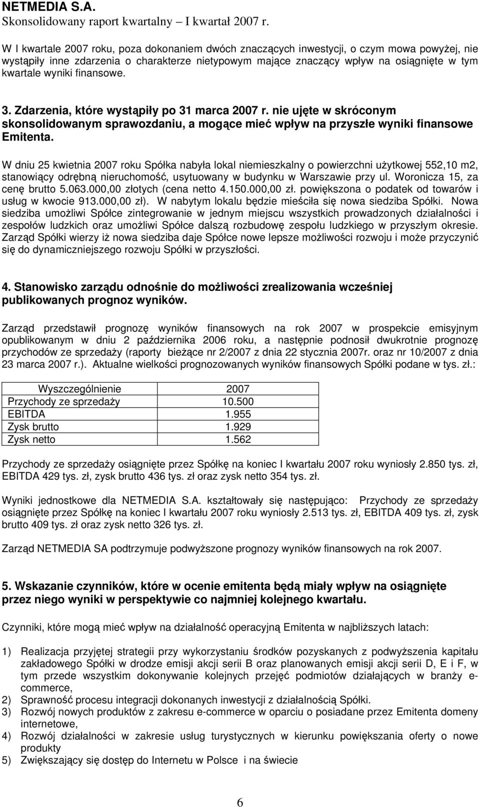 W dniu 25 kwietnia 2007 roku Spółka nabyła lokal niemieszkalny o powierzchni użytkowej 552,10 m2, stanowiący odrębną nieruchomość, usytuowany w budynku w Warszawie przy ul.