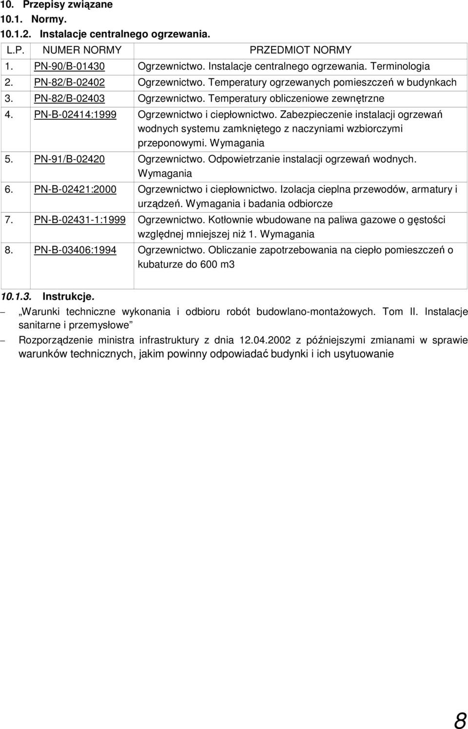 Zabezpieczenie instalacji ogrzewań wodnych systemu zamkniętego z naczyniami wzbiorczymi przeponowymi. Wymagania 5. PN-91/B-02420 Ogrzewnictwo. Odpowietrzanie instalacji ogrzewań wodnych. Wymagania 6.