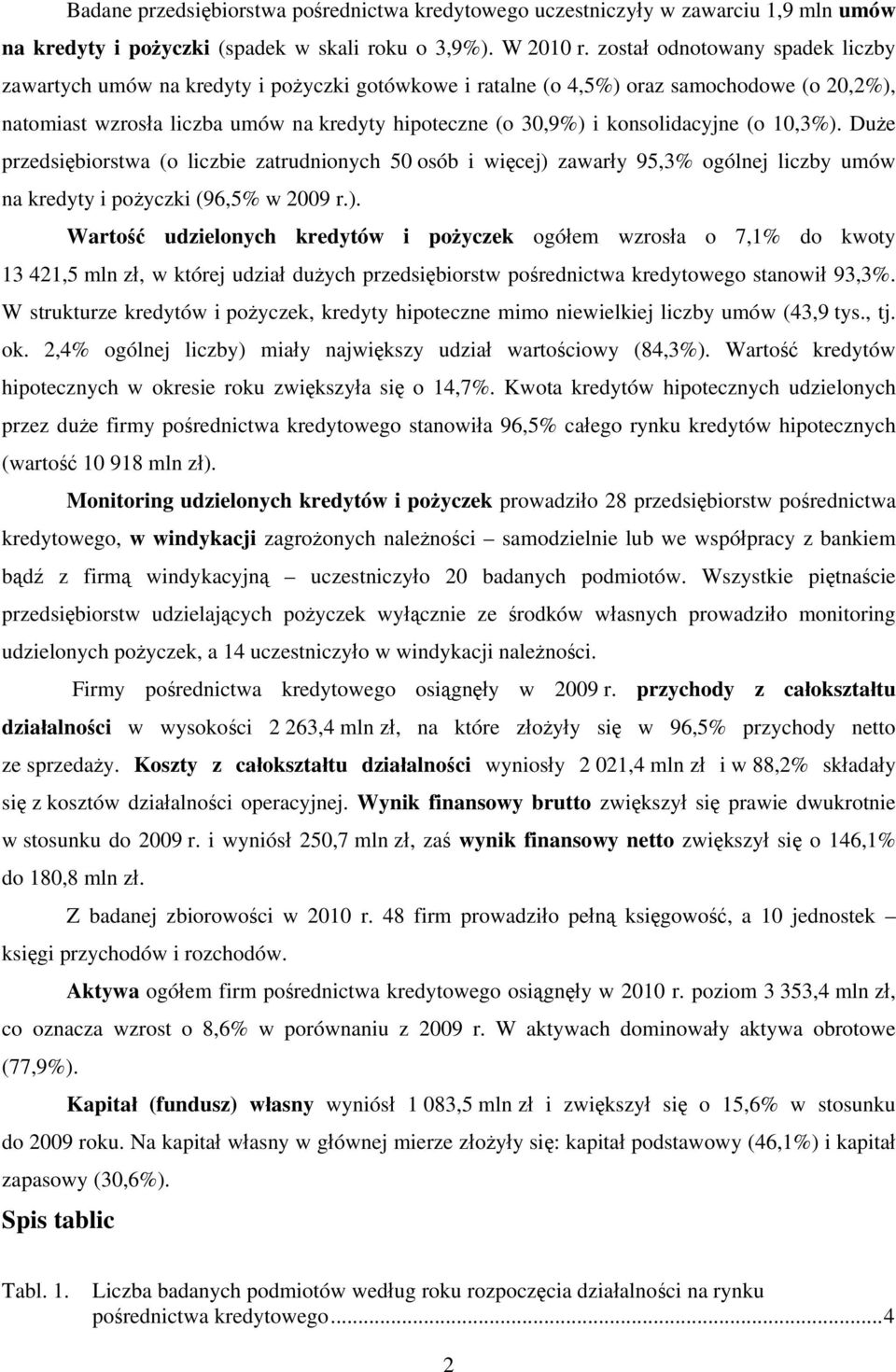 konsolidacyjne (o 10,3%). Duże przedsiębiorstwa (o liczbie zatrudnionych 50 osób i więcej) zawarły 95,3% ogólnej liczby umów na kredyty i pożyczki (96,5% w 2009 r.). Wartość udzielonych kredytów i pożyczek ogółem wzrosła o 7,1% do kwoty 13 421,5 mln zł, w której udział dużych przedsiębiorstw pośrednictwa kredytowego stanowił 93,3%.