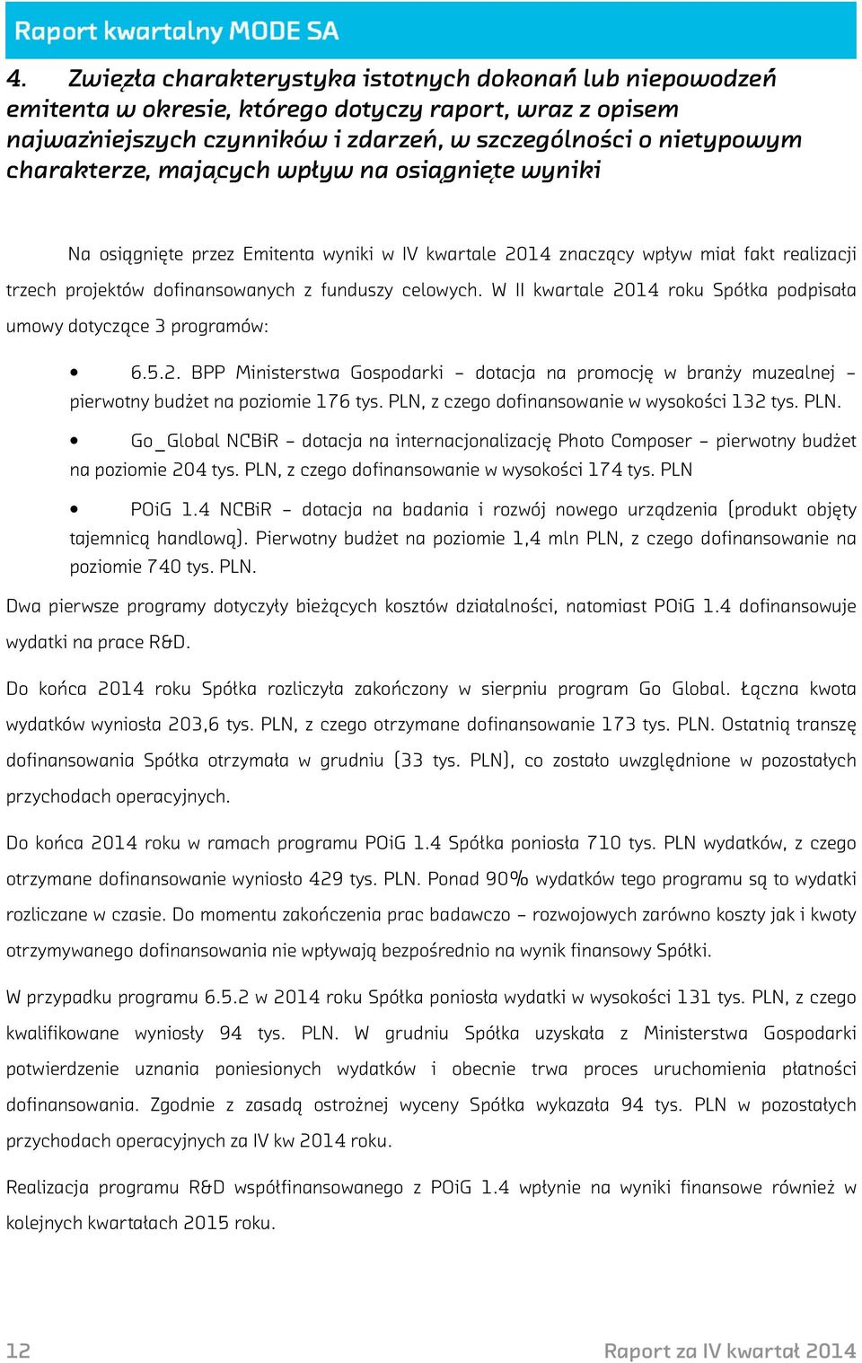 W II kwartale 2014 roku Spółka podpisała umowy dotyczące 3 programów: 6.5.2. BPP Ministerstwa Gospodarki dotacja na promocję w branży muzealnej pierwotny budżet na poziomie 176 tys.