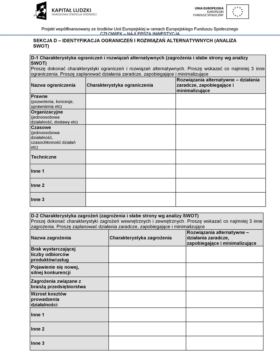 Proszę zaplanować działania zaradcze, zapobiegające i minimalizujące Nazwa ograniczenia Prawne (pozwolenia, koncesje, uprawnienia etc) Organizacyjne (jednoosobowa działalność, dostawy etc) Czasowe