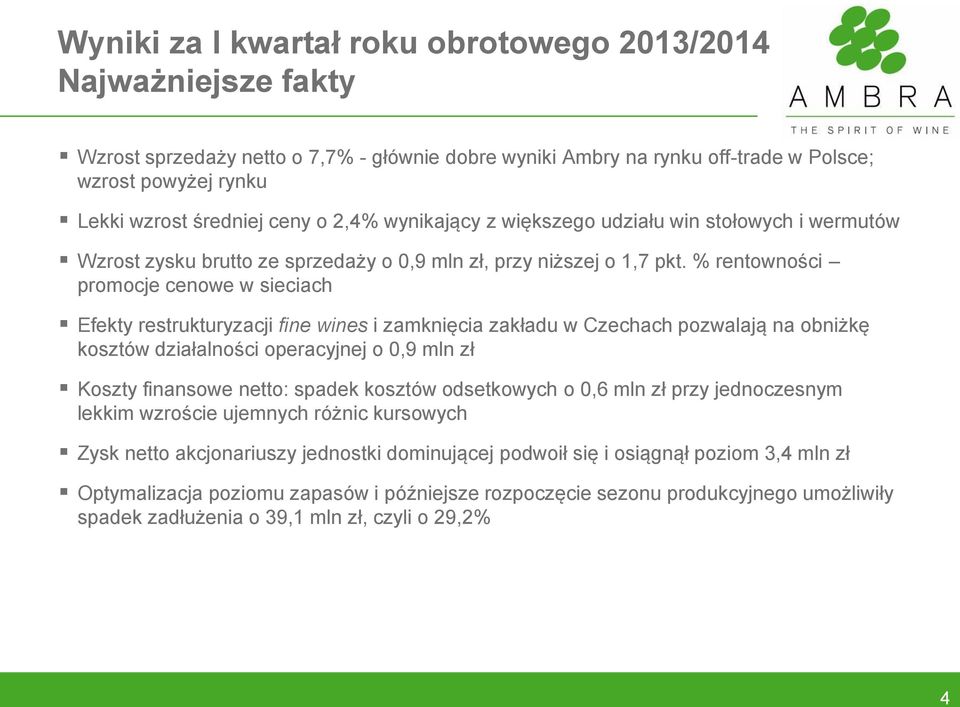 % rentowności promocje cenowe w sieciach Efekty restrukturyzacji fine wines i zamknięcia zakładu w Czechach pozwalają na obniżkę kosztów działalności operacyjnej o 0,9 mln zł Koszty finansowe netto: