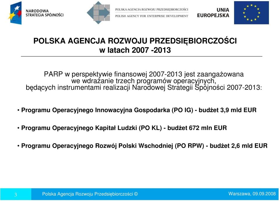 Spójności 2007-2013: Programu Operacyjnego Innowacyjna Gospodarka (PO IG) - budŝet 3,9 mld EUR Programu