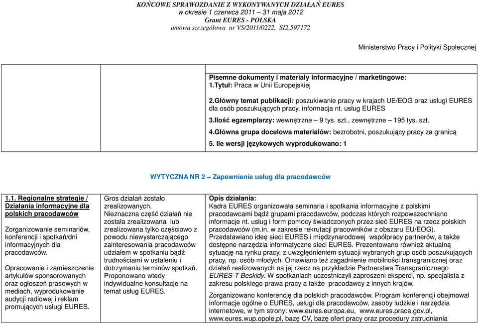 szt. 4.Główna grupa docelowa materiałów: bezrobotni, poszukujący pracy za granicą 5. Ile wersji językowych wyprodukowano: 1 