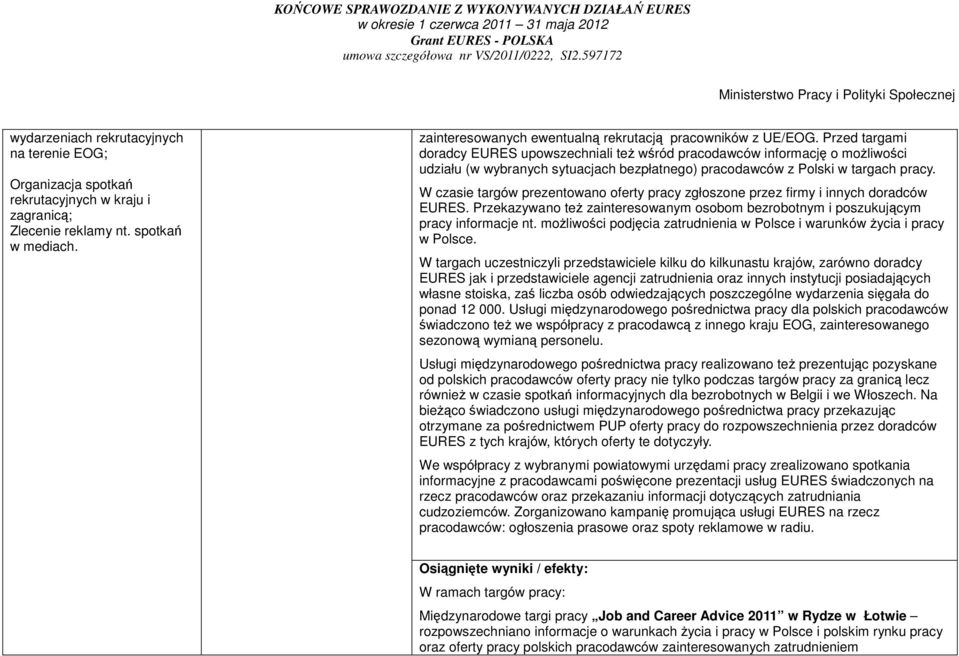 W czasie targów prezentowano oferty pracy zgłoszone przez firmy i innych doradców EURES. Przekazywano teŝ zainteresowanym osobom bezrobotnym i poszukującym pracy informacje nt.