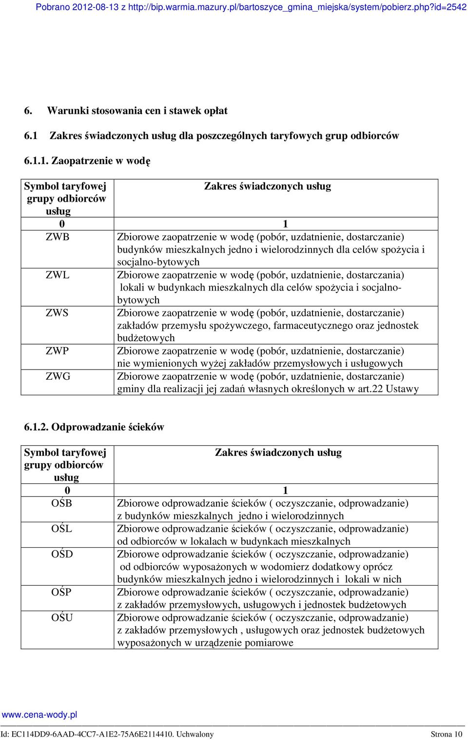 1. Zaopatrzenie w wodę Symbol taryfowej grupy odbiorców usług Zakres świadczonych usług 0 1 ZWB ZWL ZWS ZWP ZWG Zbiorowe zaopatrzenie w wodę (pobór, uzdatnienie, dostarczanie) budynków mieszkalnych