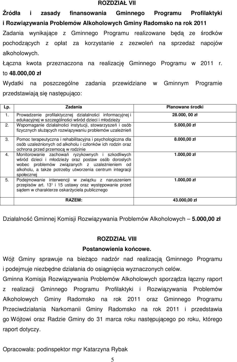 000,00 zł Wydatki na poszczególne zadania przewidziane w Gminnym Programie przedstawiają się następująco: Lp. Zadania Planowane środki 1.