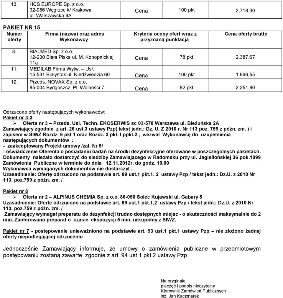 EKOSERWIS sc 03-578 Warszawa ul. Bieżuńska 2A Zamawiający zgodnie z art. 26 ust.3 ustawy Pzp( tekst jedn.: Dz. U. Z 2010 r. Nr 113 poz. 759 z późn. zm. ) i zapisem w SIWZ Rozdz. 6 pkt 1 oraz Rozdz.
