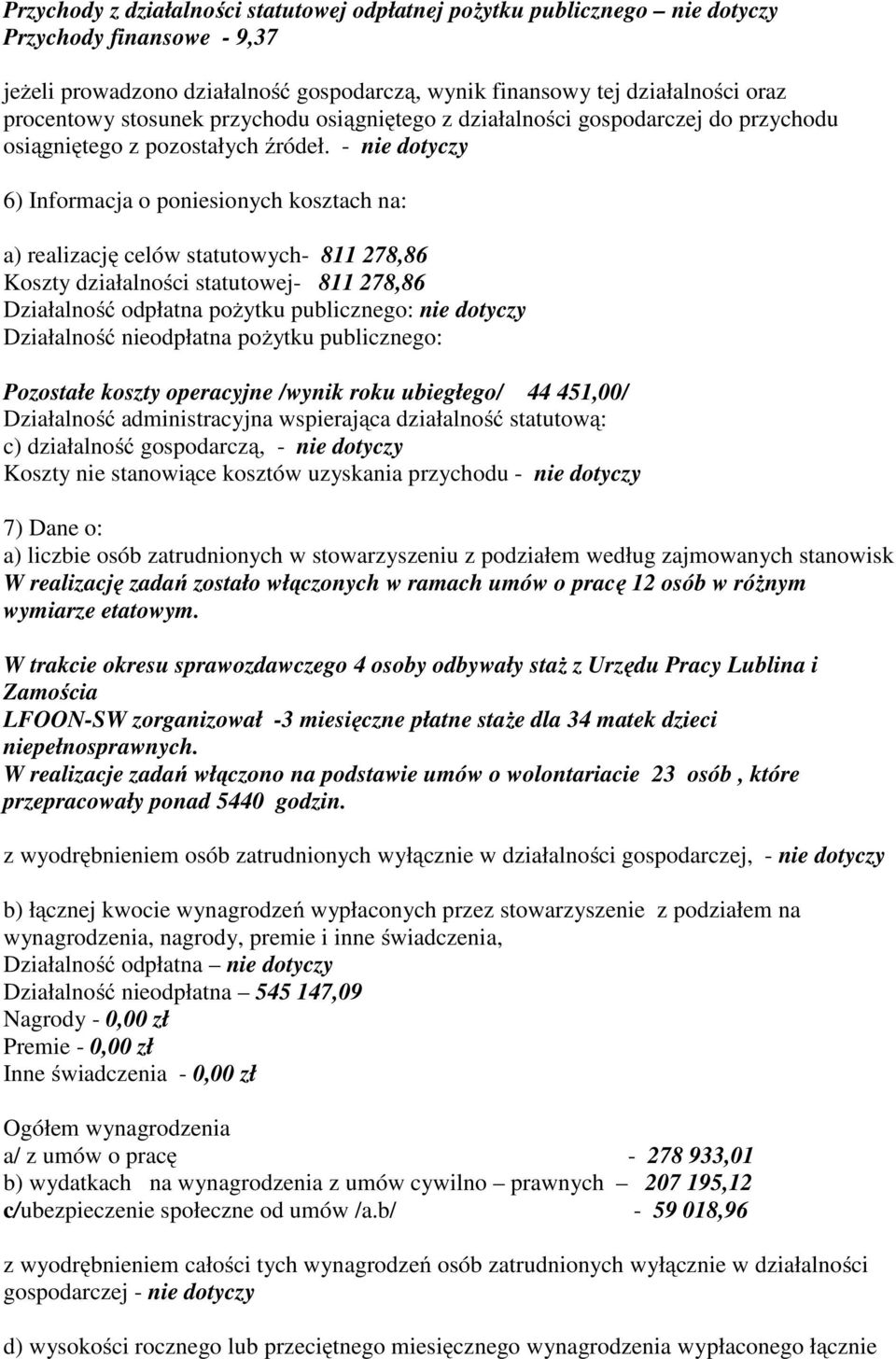- nie dotyczy 6) Informacja o poniesionych kosztach na: a) realizację celów statutowych- 811 278,86 Koszty działalności statutowej- 811 278,86 Działalność odpłatna pożytku publicznego: nie dotyczy