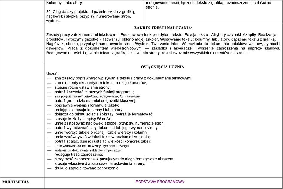 Realizacja projektów Tworzymy gazetkę klasową i Folder o mojej szkole. Wpisywanie tekstu: kolumny, tabulatory. Łączenie tekstu z grafiką. Nagłówek, stopka, przypisy i numerowanie stron. Wydruk.