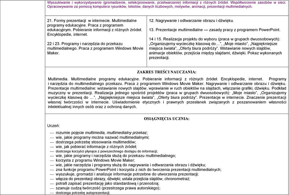 Praca z programem edukacyjnym. Pobieranie informacji z różnych źródeł. Encyklopedie, internet. 22 i 23. Programy i narzędzia do przekazu multimedialnego. Praca z programem Windows Movie Maker. 12.