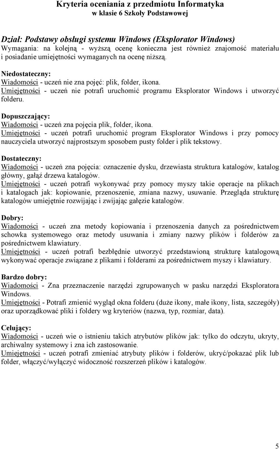 Umiejętności - uczeń potrafi uruchomić program Eksplorator Windows i przy pomocy nauczyciela utworzyć najprostszym sposobem pusty folder i plik tekstowy.