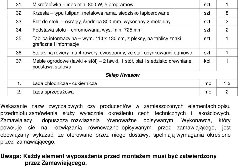 Stojak na rowery- na 4 rowery, dwustronny, ze stali ocynkowanej ogniowo szt. 1 37. Meble ogrodowe (ławki + stół) 2 ławki, 1 stół, blat i siedzisko drewniane, podstawa stalowa Sklep Kwasów kpl. 1 1.