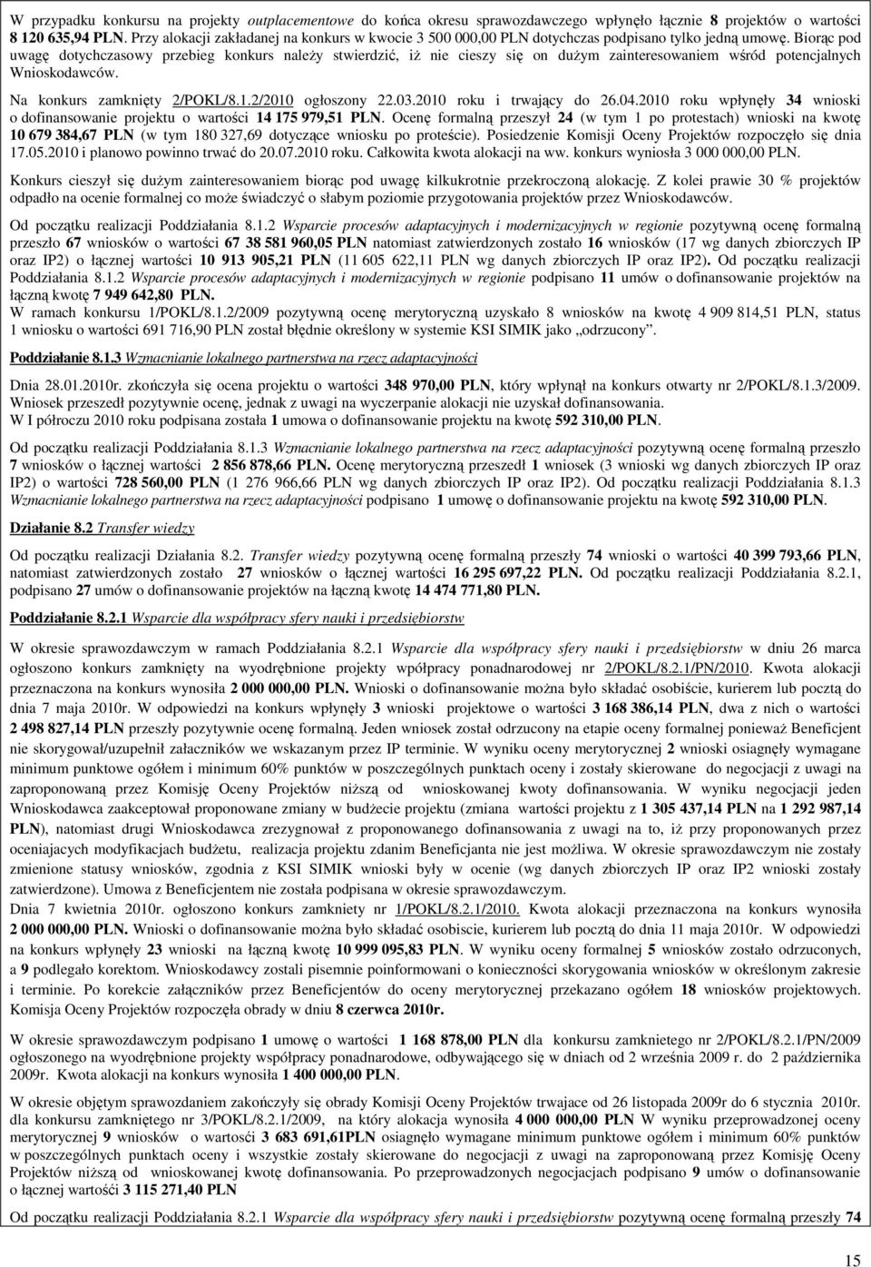 Biorąc pod uwagę dotychczasowy przebieg konkurs naleŝy stwierdzić, iŝ nie cieszy się on duŝym zainteresowaniem wśród potencjalnych Wnioskodawców. Na konkurs zamknięty 2/POKL/8.1.2/2010 ogłoszony 22.