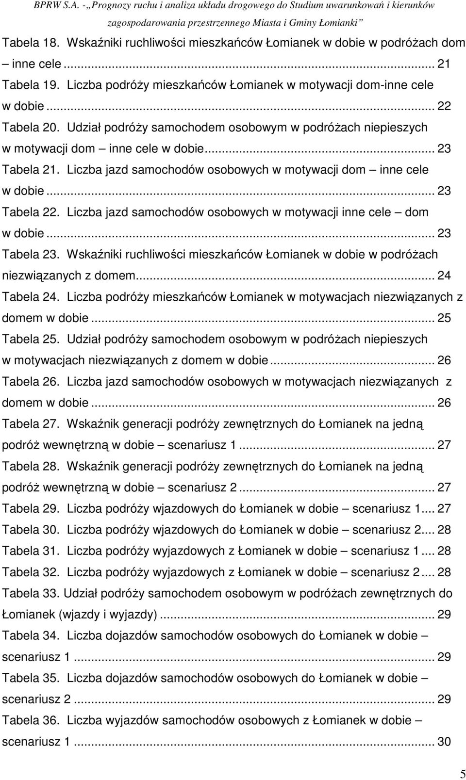 Liczba jazd samochodów osobowych w motywacji inne cele dom w dobie... 23 Tabela 23. Wskaźniki ruchliwości mieszkańców Łomianek w dobie w podróŝach niezwiązanych z domem... 24 Tabela 24.