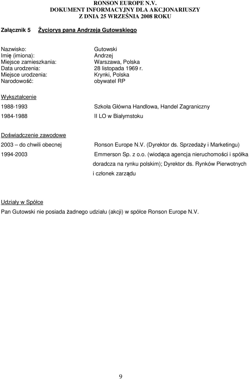 Doświadczenie zawodowe 2003 do chwili obecnej Ronson Europe N.V. (Dyrektor ds. SprzedaŜy i Marketingu) 1994-2003 Emmerson Sp. z o.o. (wiodąca agencja nieruchomości i spółka doradcza na rynku polskim); Dyrektor ds.