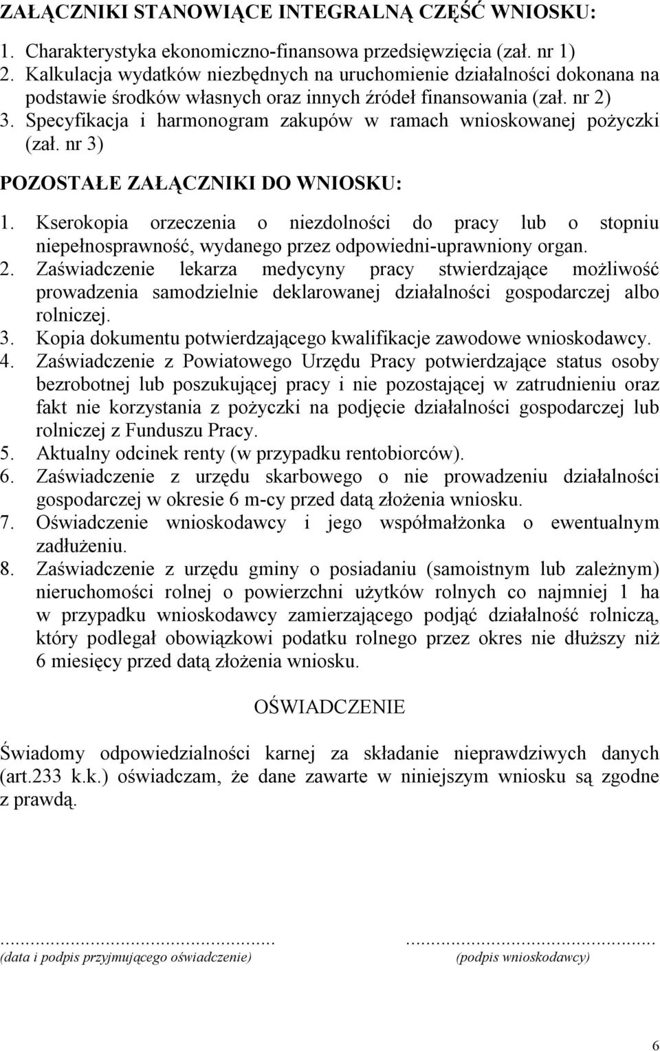 Specyfikacja i harmonogram zakupów w ramach wnioskowanej pożyczki (zał. nr 3) POZOSTAŁE ZAŁĄCZNIKI DO WNIOSKU: 1.