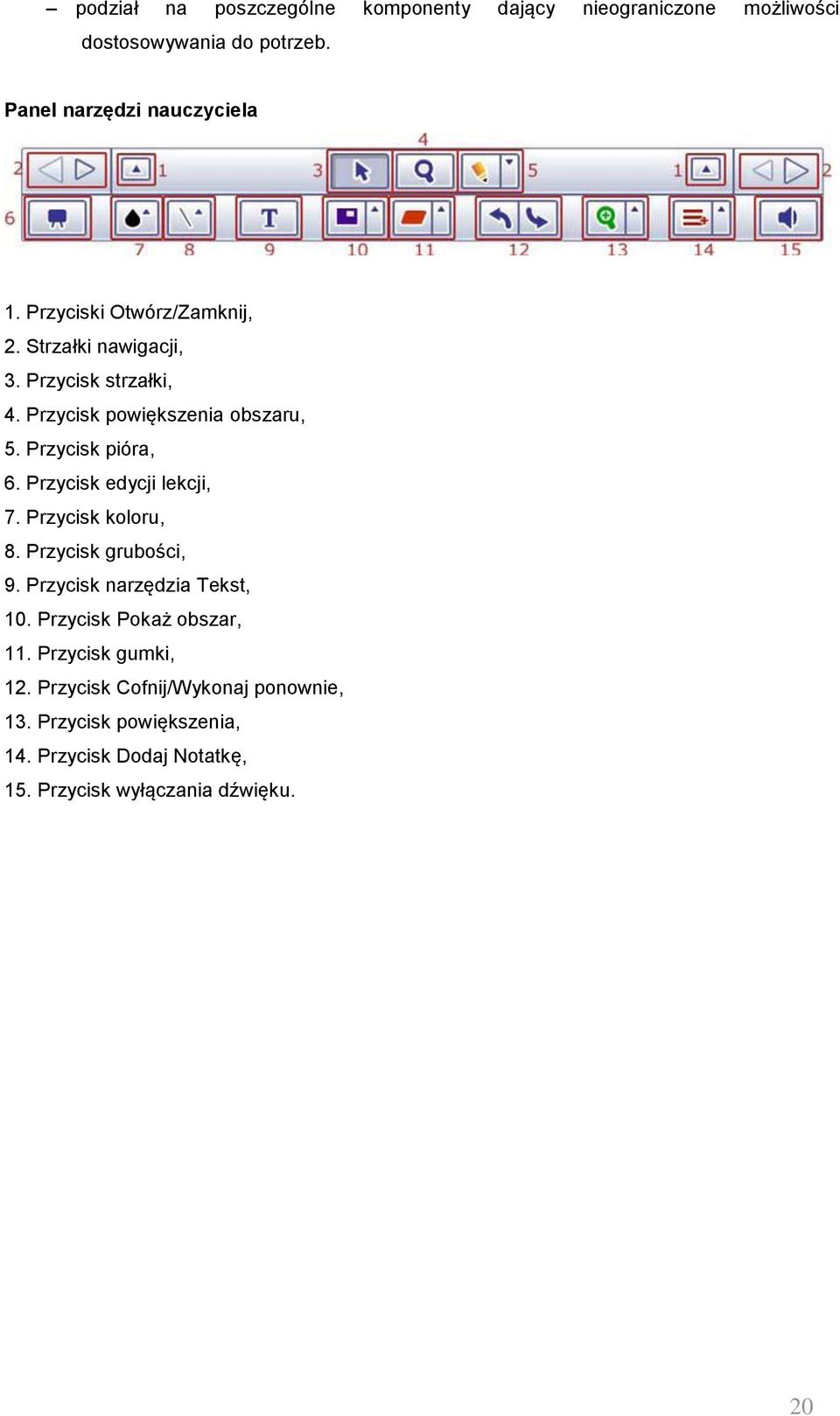 Przycisk edycji lekcji, 7. Przycisk koloru, 8. Przycisk grubości, 9. Przycisk narzędzia Tekst, 10. Przycisk Pokaż obszar, 11.