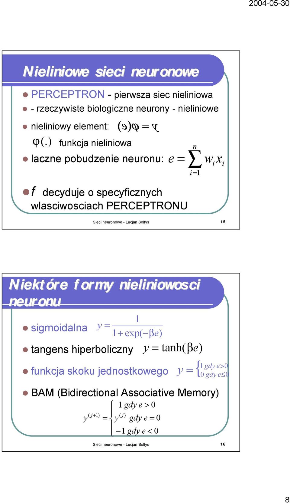 Soltys 15 Nektóre formy nelnowosc neuronu sgmodalna 1 y = 1+ exp( βe) tangens hperbolczny funkcja skoku jednostkowego BAM