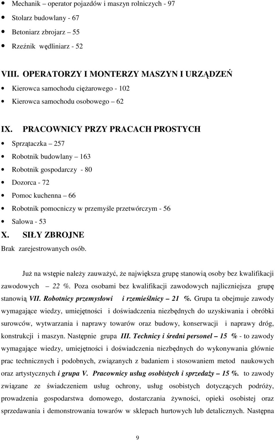PRACOWNICY PRZY PRACACH PROSTYCH Sprzątaczka 257 Robotnik budowlany 163 Robotnik gospodarczy - 80 Dozorca - 72 Pomoc kuchenna 66 Robotnik pomocniczy w przemyśle przetwórczym - 56 Salowa - 53 X.