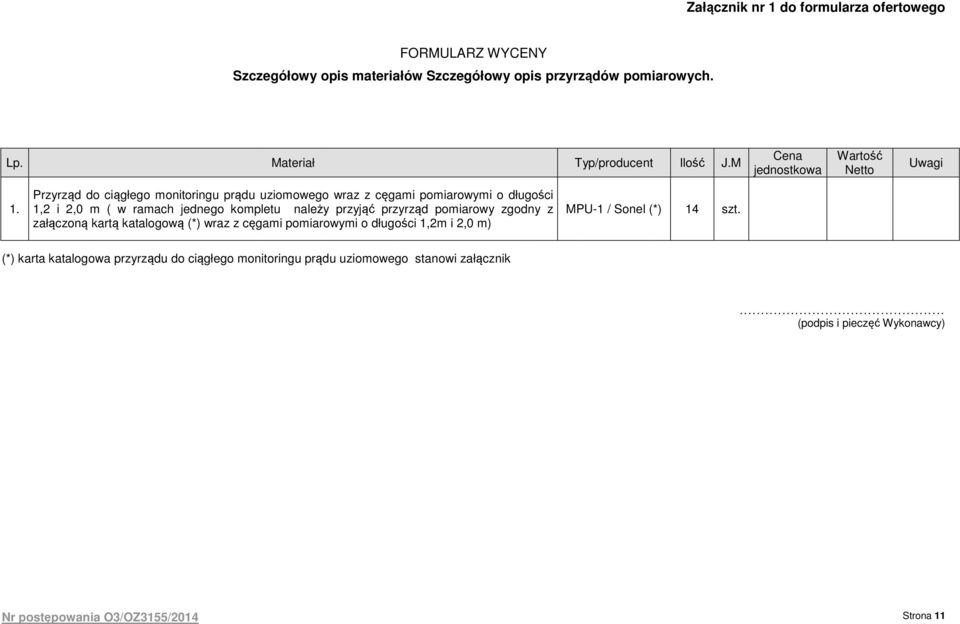 Przyrząd do ciągłego monitoringu prądu uziomowego wraz z cęgami pomiarowymi o długości 1,2 i 2,0 m ( w ramach jednego kompletu należy przyjąć przyrząd pomiarowy
