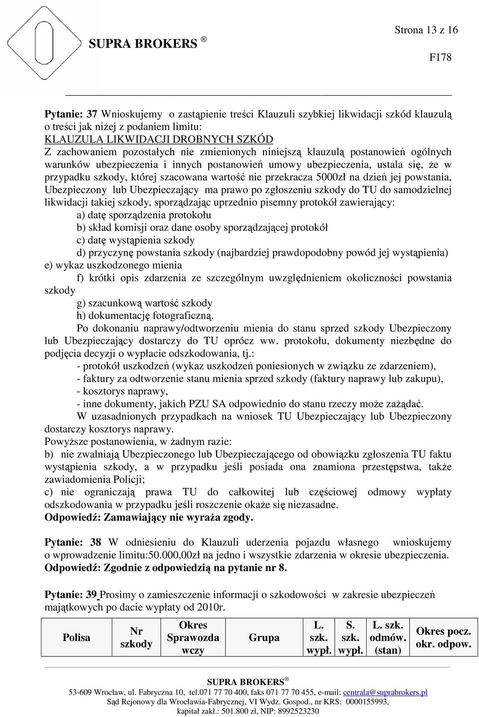 przekracza 5000zł na dzień jej powstania, Ubezpieczony lub Ubezpieczający ma prawo po zgłoszeniu szkody do TU do samodzielnej likwidacji takiej szkody, sporządzając uprzednio pisemny protokół