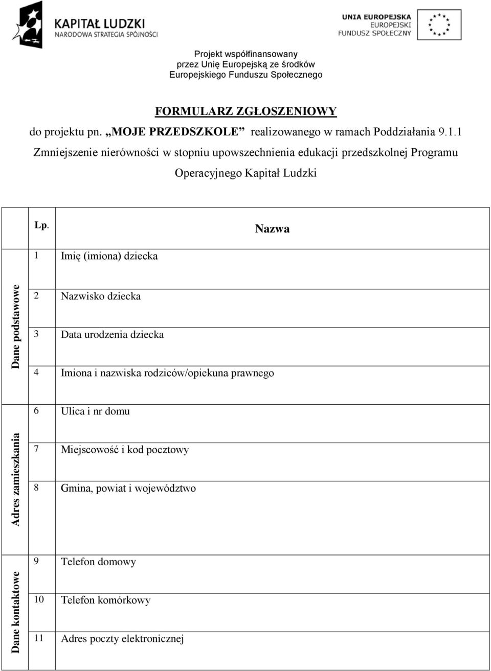 1 Zmniejszenie nierówności w stopniu upowszechnienia edukacji przedszkolnej Programu Operacyjnego Kapitał Ludzki Lp.