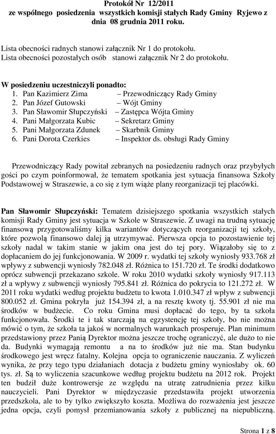 Pan Sławomir Słupczyński Zastępca Wójta Gminy 4. Pani Małgorzata Kubic Sekretarz Gminy 5. Pani Małgorzata Zdunek Skarbnik Gminy 6. Pani Dorota Czerkies Inspektor ds.