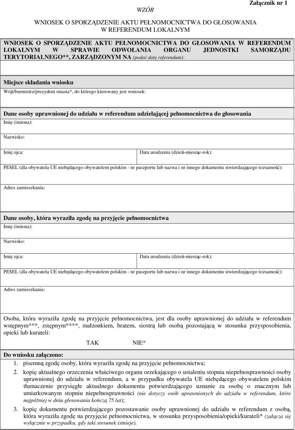 uprawnionej do udziału w referendum udzielającej pełnomocnictwa do głosowania Imię (imiona): Nazwisko: Imię ojca: Data urodzenia (dzień-miesiąc-rok): PESEL (dla obywatela UE niebędącego obywatelem