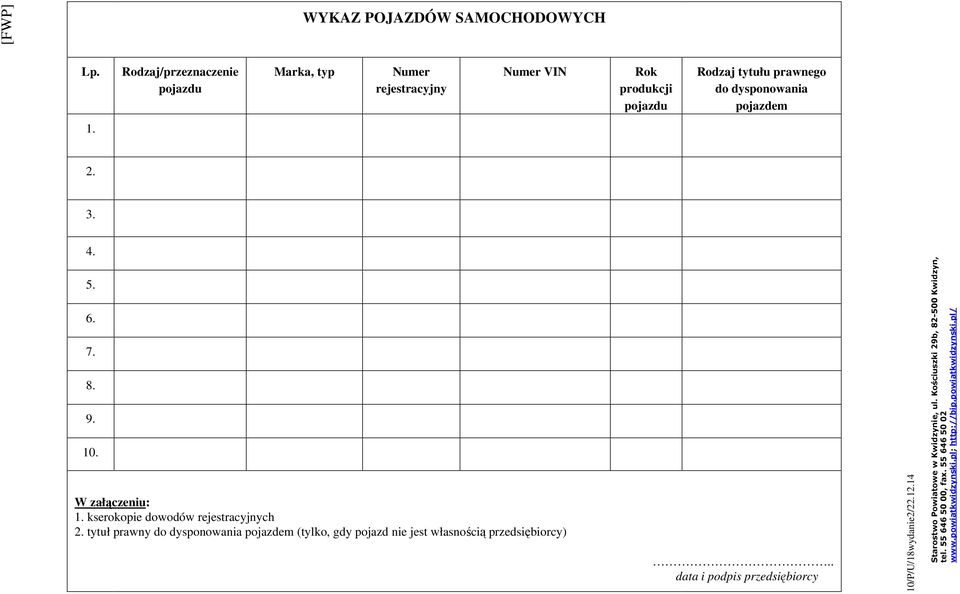 Rodzaj tytułu prawnego do dysponowania pojazdem 1. 2. 3. 4. 5. 6. 7. 8. 9. 10. W załączeniu: 1.