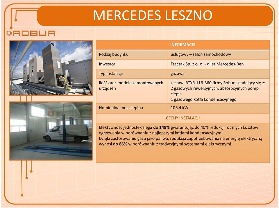 absorpcyjnych pomp ciepła 1 gazowego kotła kondensacyjnego Nominalna moc cieplna 106,4 kw CECHY INSTALACJI Efektywność jednostek sięga do 149% gwarantując do 40%