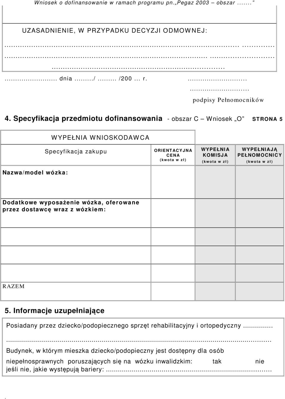 w o t a w z ł ) Nazwa/model wózka: Dodatkowe wyposażenie wózka, oferowane przez dostawcę wraz z wózkiem: RAZEM 5 Informacje uzupełniające Posiadany przez dziecko/podopiecznego sprzęt