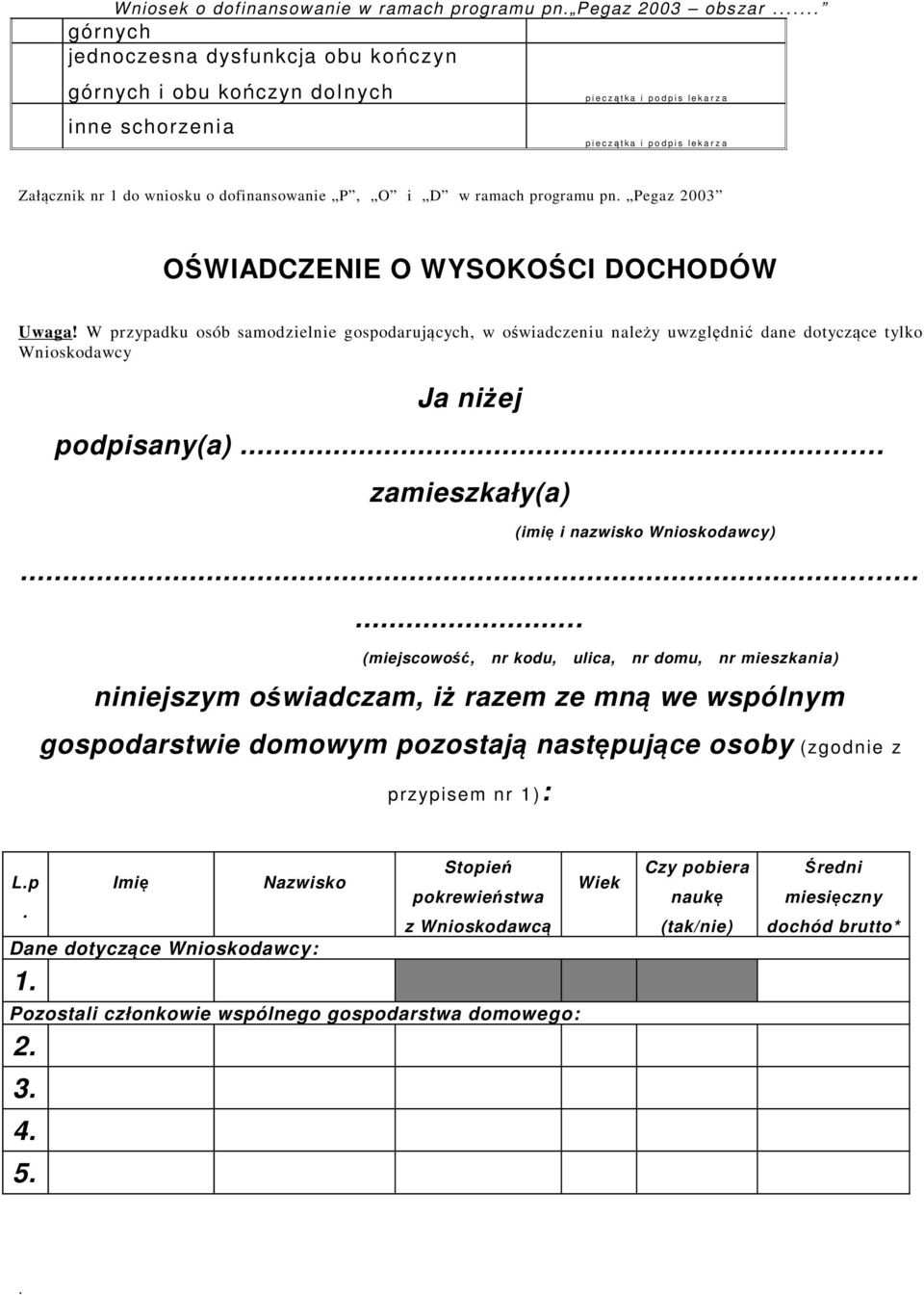 W przypadku osób samodzielnie gospodarujących, w oświadczeniu należy uwzględnić dane dotyczące tylko Wnioskodawcy Ja niżej podpisany(a) zamieszkały(a) (imię i nazwisko Wnioskodawcy) (miejscowość, nr