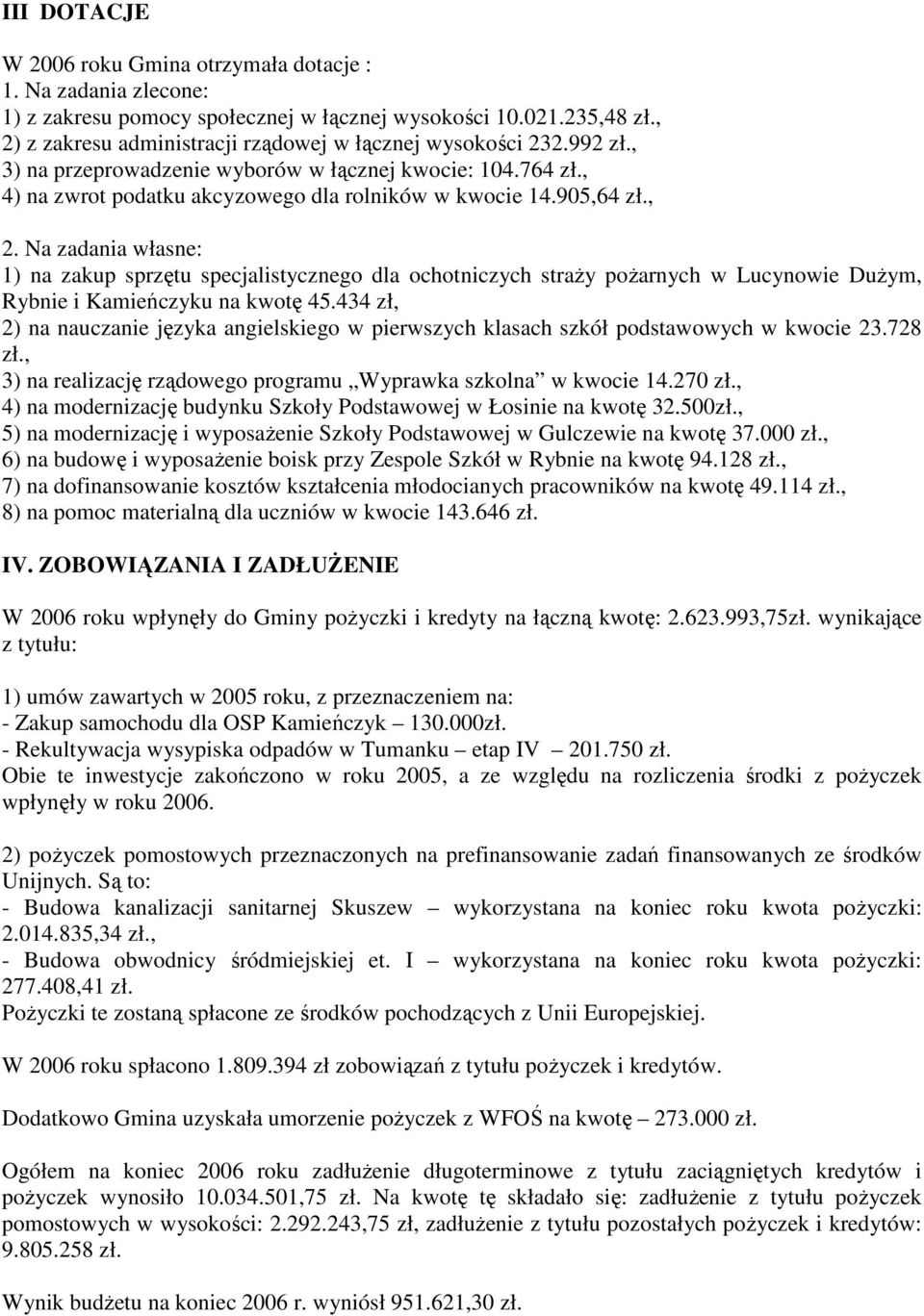 , 2. Na zadania własne: 1) na zakup sprzętu specjalistycznego dla ochotniczych straŝy poŝarnych w Lucynowie DuŜym, Rybnie i Kamieńczyku na kwotę 45.