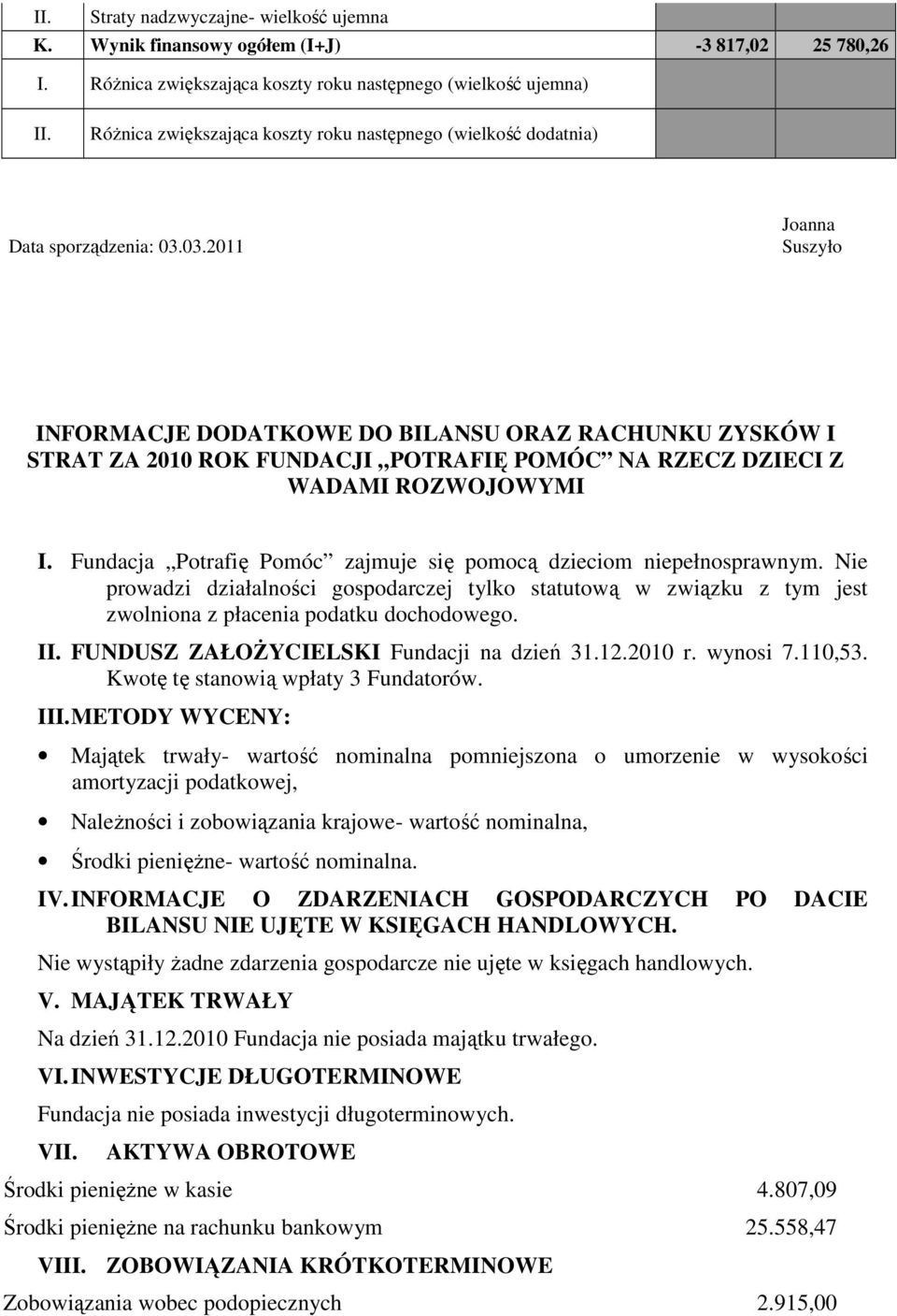 03.2011 Joanna Suszyło INFORMACJE DODATKOWE DO BILANSU ORAZ RACHUNKU ZYSKÓW I STRAT ZA 2010 ROK FUNDACJI POTRAFIĘ POMÓC NA RZECZ DZIECI Z WADAMI ROZWOJOWYMI I.