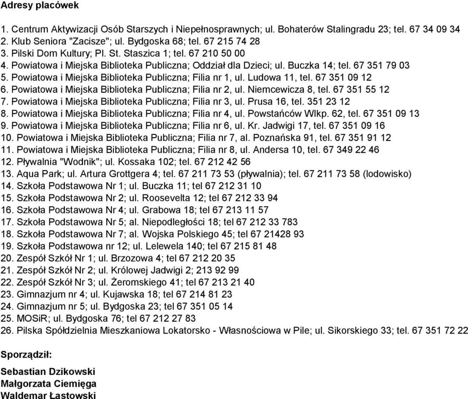 67 351 79 03 Powiatowa i Miejska Biblioteka Publiczna; Filia nr 1, ul. Ludowa 11, tel. 67 351 09 12 6. Powiatowa i Miejska Biblioteka Publiczna; Filia nr 2, ul. Niemcewicza 8, tel. 67 351 55 12 7.