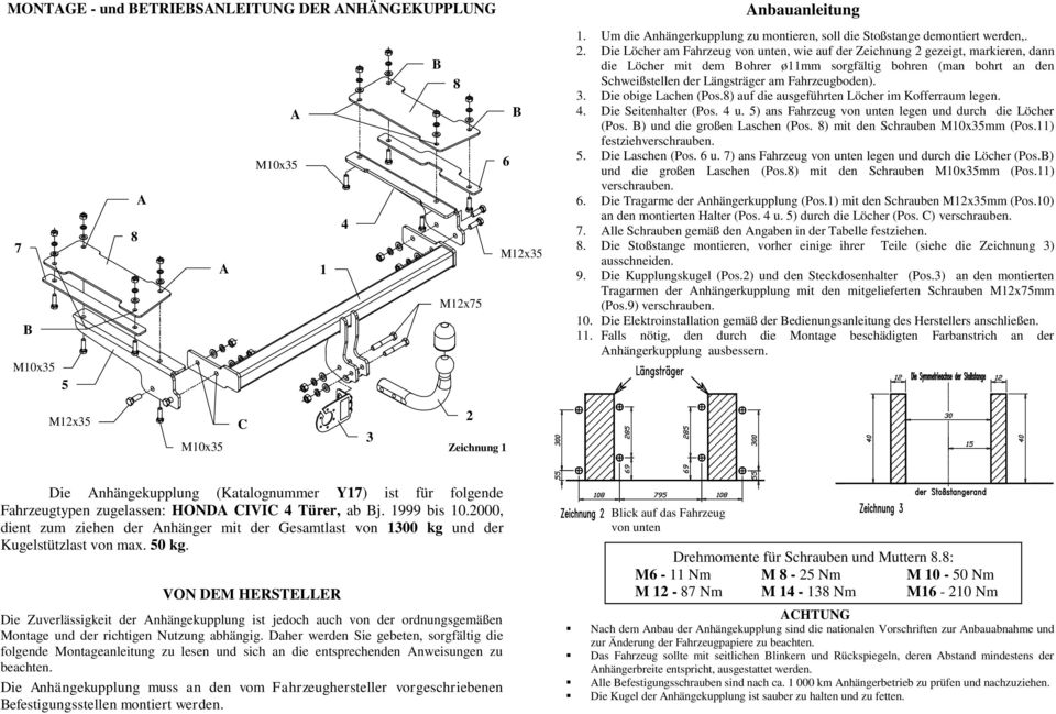 3. Die obige Lachen (Pos.) auf die ausgeführten Löcher im Kofferraum legen. 4. Die Seitenhalter (Pos. 4 u. 5) ans Fahrzeug von unten legen und durch die Löcher (Pos. ) und die großen Laschen (Pos.