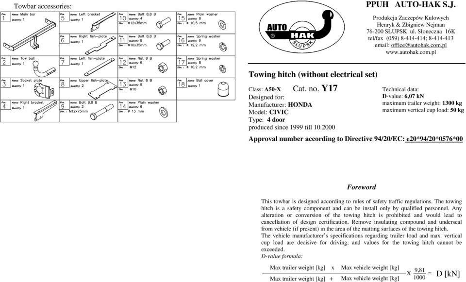 2000 Technical data: D-value: 6,07 kn maximum trailer weight: 1300 kg maximum vertical cup load: 50 kg pproval number according to Directive 94/20/EC: e20*94/20*0576*00 Foreword This towbar is