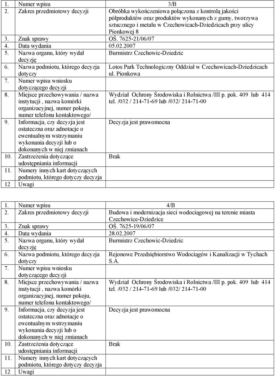 metalu w Czechowicach-Dziedzicach przy ulicy Pionkowej 8 3. Znak sprawy OŚ. 7625-21/06/07 4. Data wydania 05.02.