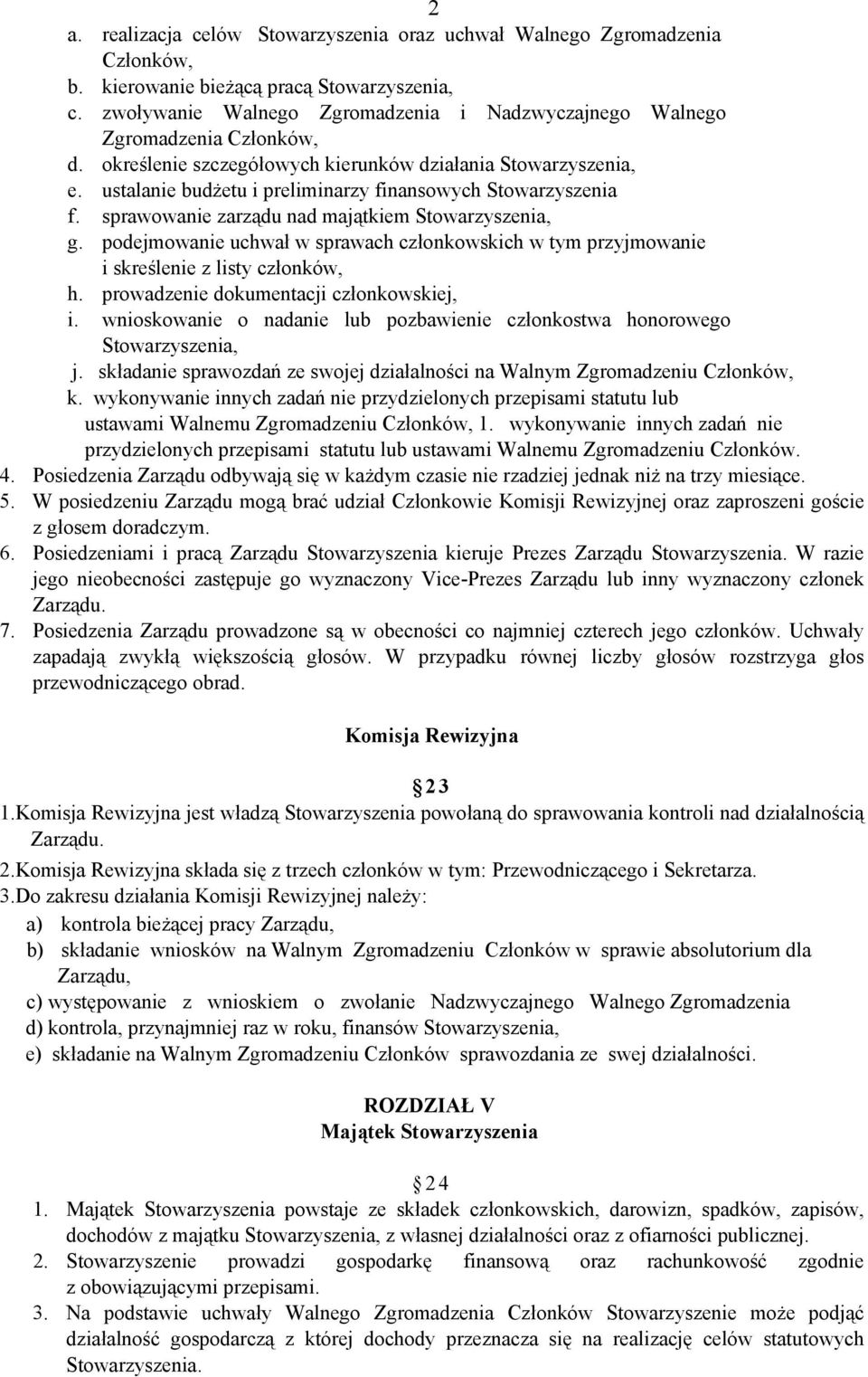 ustalanie budżetu i preliminarzy finansowych Stowarzyszenia f. sprawowanie zarządu nad majątkiem Stowarzyszenia, g.
