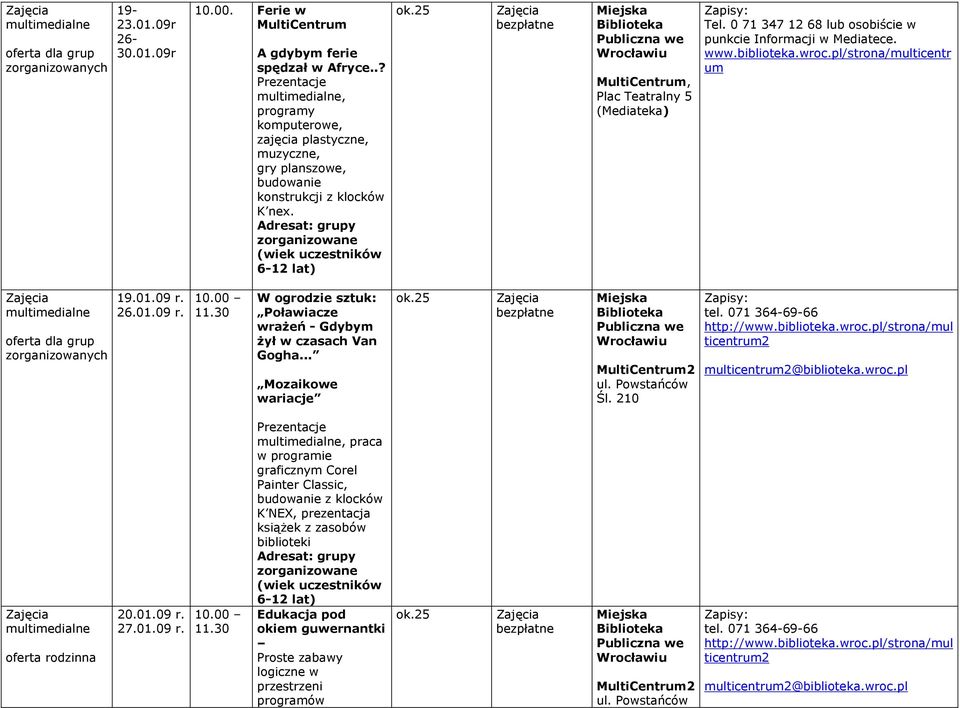grupy zorganizowane (wiek uczestników 6-12 lat) MultiCentrum, Plac Teatralny 5 (Mediateka) Tel. 0 71 347 12 68 lub osobiście w punkcie Informacji w Mediatece. www.biblioteka.wroc.