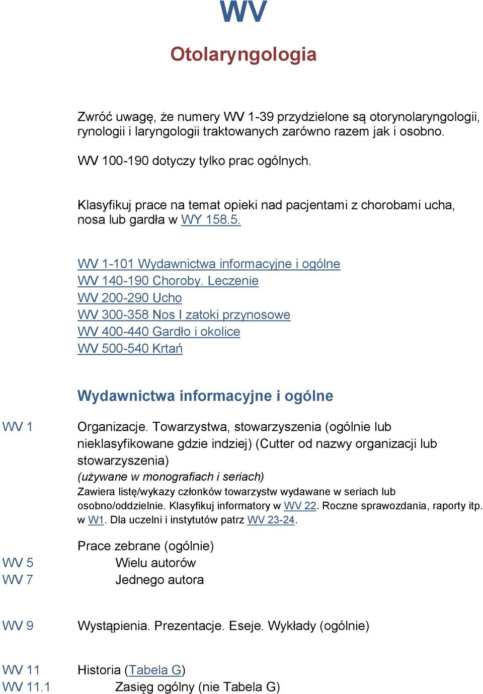 Leczenie WV 200-290 Ucho WV 300-358 Nos I zatoki przynosowe WV 400-440 Gardło i okolice WV 500-540 Krtań Wydawnictwa informacyjne i ogólne WV 1 WV 5 WV 7 Organizacje.