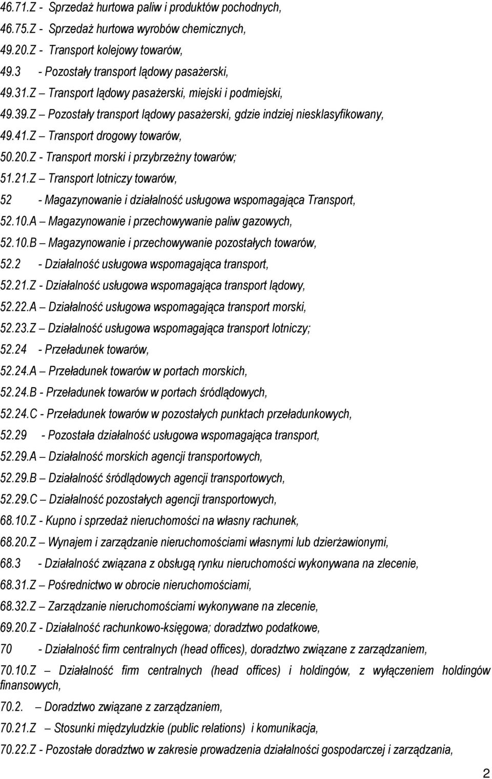 Z - Transport morski i przybrzeżny towarów; 51.21.Z Transport lotniczy towarów, 52 - Magazynowanie i działalność usługowa wspomagająca Transport, 52.10.