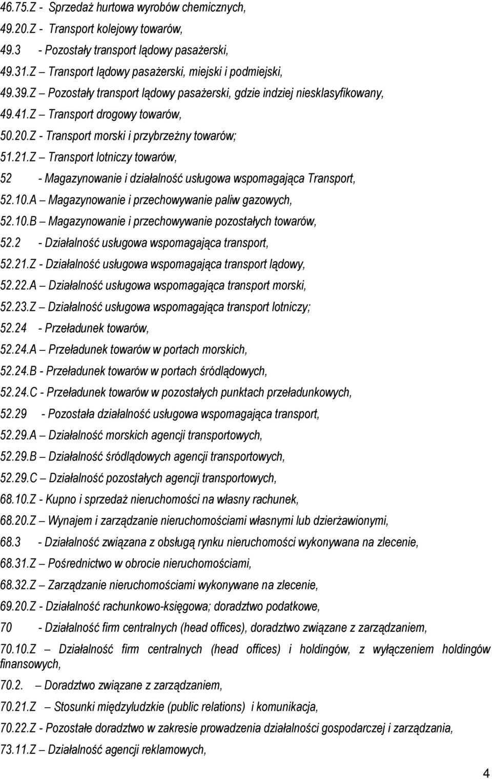 Z Transport lotniczy towarów, 52 - Magazynowanie i działalność usługowa wspomagająca Transport, 52.10.A Magazynowanie i przechowywanie paliw gazowych, 52.10.B Magazynowanie i przechowywanie pozostałych towarów, 52.